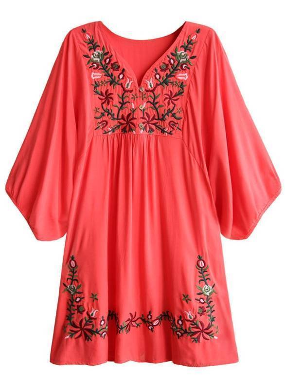 lot 8626 image: Kafeimali Womens Summer Mini Dress Bohemian Embroidery Tunic Shift Blouse (Red) XXL