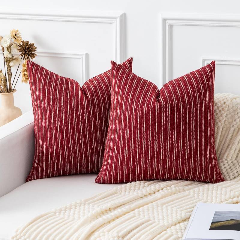 lot 4411 image: Kevin Textile Euro Sham Linen Cushion Cover Boho Woven Texture Decorations Square Red Throw Pillows for Christmas Couch Chair Office Boy, Set of 2, 24x24 inch, Wine Red