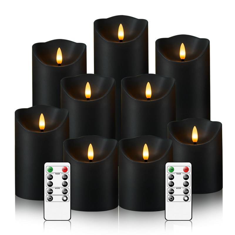 lot 4454 image: Nimiko Flameless Candles with Remote, Battery Operated Flickering Flameless Candles, LED Candles with Timer 2468H, with Realistic LED Candles Set of 9 (D3 x H 3 4 5 6 7) (Black)