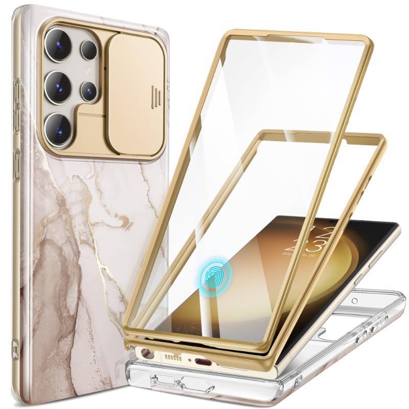 lot 4526 image: GVIEWIN for Samsung Galaxy S23 Ultra Case with Slide Camera Cover, Built-in Screen Protector 2 Front Frames Military Grade Shockproof, Marble Phone Case Fit S23 Ultra 6.8, ShwetaBeige