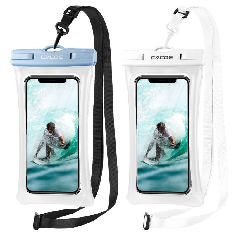 lot 4538 image: CACOE Floatable Floating Universal Waterproof Phone case 2 Pcs-Up to 7.0,Waterproof Phone Pouch with Adjustable Neck Lanyard,IPX8 Cellphone Dry Bags for Beach Pool Swimming WhiteBlue