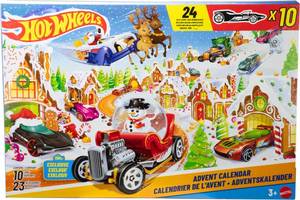 lot 3220 image: Hot Wheels Toy Cars & Playset, 2025 Advent Calendar with 10 Vehicles in 164 Scale, 10 Ornament Clips & 14 Winter-Themed Accessories