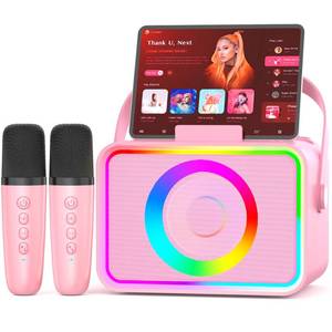 lot 3233 image: Karaoke Machine,Portable Bluetooth Speaker with 2 Wireless Microphone for Adults & Kids with LED Lights, Karaoke Microphone with PA System Supports USBTFAUX,Gift for Party (Pink)