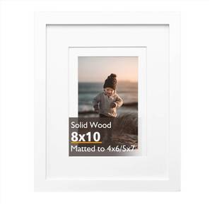 lot 3249 image: KINLINK 8x10 Picture Frame White, Solid Wood Frame with Acrylic Plexiglass for Picture 4x65x7 with Mat or 8x10 without Mat, Tabletop and Wall Display Photo Frame 1 Pack CRACKED SEE PHOTO