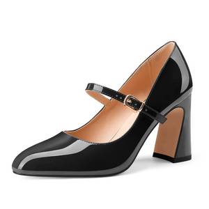 lot 3288 image: Chunky High Mary Jane Heels Block Closed Pionty Toe Patent Leather Strap Pumps Office Party Dress Shoes 3.5IN(Black,8.5)