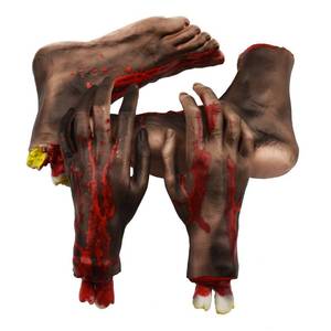 lot 3329 image: XONOR Halloween Severed Hands Feet Set Scary Bloody Broken Body Parts Halloween Props Decorations, 4 Pieces(Feet & Hands) (Black)
