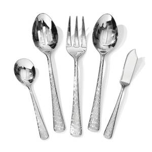 lot 3371 image: KINGSTONE Hammered 5-Piece Serving Utensil Set, 1810 Stainless Steel Flatware for Catering, Party Include Spoons, Slotted Spoon, Fork, Butter Knife - Mirror Finish & Dishwasher Safe