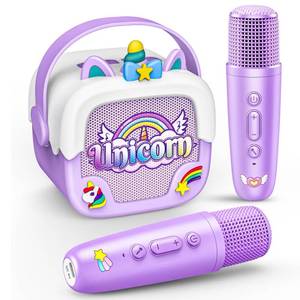 lot 3397 image: Mini Karaoke Machine for Kids Girls Unicorn Portable Bluetooth Speakers With 2 Wireless Mic Toys for Girls age 4-6 7 8 9 Years Old Girl Christmas Birthday Gifts for 5 6 7 8 9 10 11 Years Teens Purple