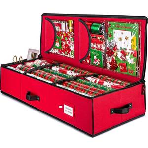 lot 3436 image: ZOBER Gift Wrapping Paper Organizer Storage - 40 Gift Wrap Storage Containers with Interior Pockets for Bows, Tags & Ribbons - Wrapping Paper Holder, 600D Oxford, Fits 24 Standard Rolls, RedBlack