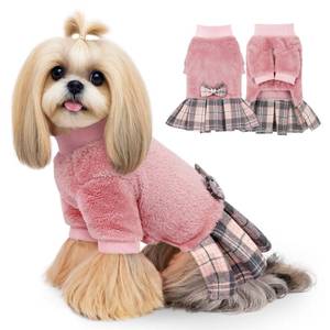 lot 3437 image: WOYYHO Small Dog Sweater Dress Winter Fleece with Plaid Skirt & Bowtie, Warm Long Sleeve Puppy Clothes for Chihuahua, Yorkie, Pink, Size S