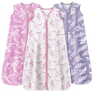 lot 3440 image: Unnivoll Baby Sleep Sack 0-6 Months 3 Pack 100% Cotton Lightweight 0.5 TOG Wearable Blanket Baby Sleep Bag with 2-Way Zipper for Newborn Infant Purple Leaf