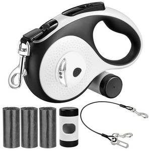 lot 3452 image: 26Ft Retractable Dog Leash - for Dog Up to 110lbs, Tangle Free Walking Leash with Chew Proof Cable  LED Light  Dispenser  Poop Bags, Quick Lock Braking & Non-Slip Handle (White)