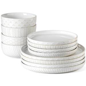 lot 3460 image: Stoneware Dinnerware Sets Service for 4, 12 pcs Reactive Glaze Plates and Bowls Sets, Embossed Boho Ceramic Dish Set, Highly Chip and Crack Resistant Farmhouse Plate Set, Ivory White