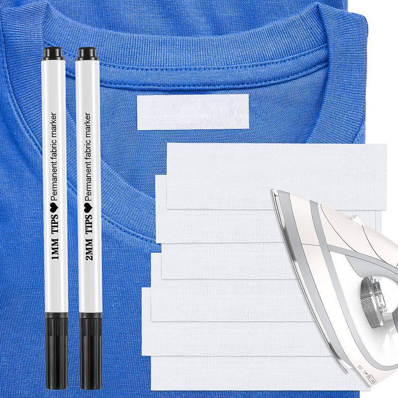 lot 42704 image: Tatuo Writable Iron on Name Tags for Clothing, Personalized Name Fabric Labels Tags with 2 Pcs Permanent Marker for Nursing Home College Camp Day Care Uniforms(100 Pieces)