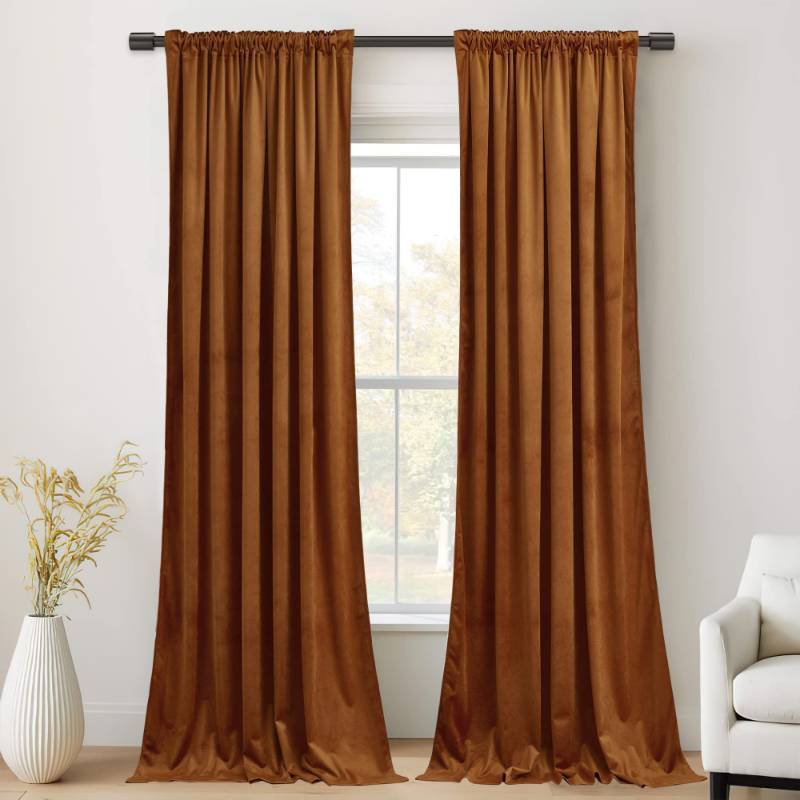 lot 43006 image: StangH Velvet Curtains 96 inches Long - Burnt Orange Holiday Home Decor Back Tab Blackout Privacy Assured Window Covering for Living Room Sliding Door, W52 x L96, 2 Panels - Retail $54