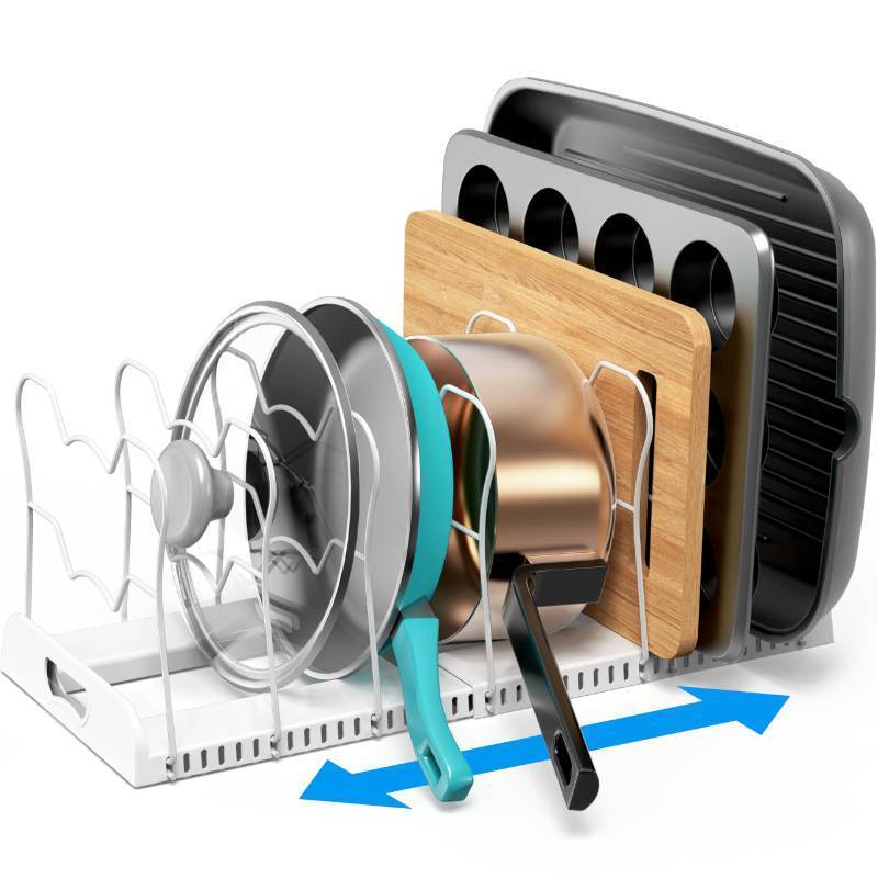 lot 43061 image: Simple Houseware Expandable Pan Organizer Rack, 10 Adjustable Compartments, White - Kitchen Cabinet Organizer for Pots, Pans, Lids & Bakeware - Pantry & Countertop Storage