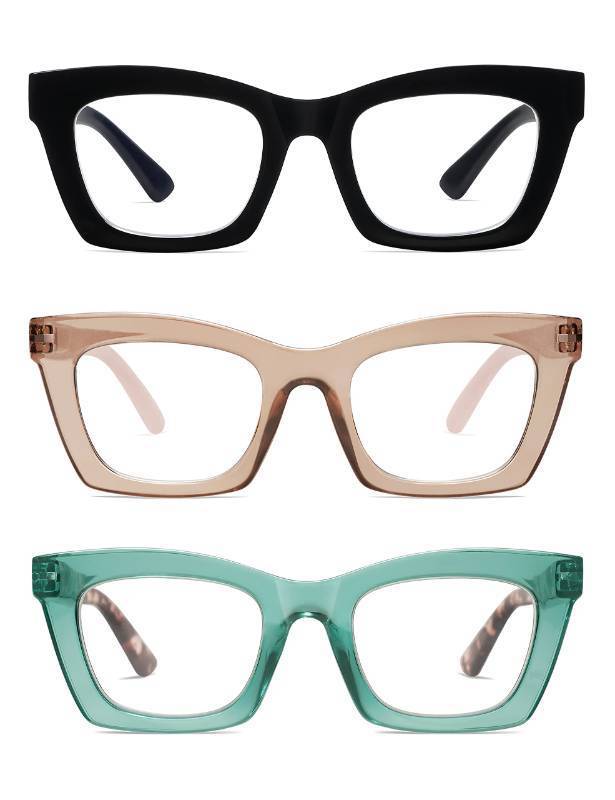 lot 43614 image: AMOMOMA 3 Pack Trendy Oversized Blue Light Stylish Readers for Women,Retro Square Cute Sturdy Computer Womens Reading Glasses AM6042 BlackBrownGreen 3.0
