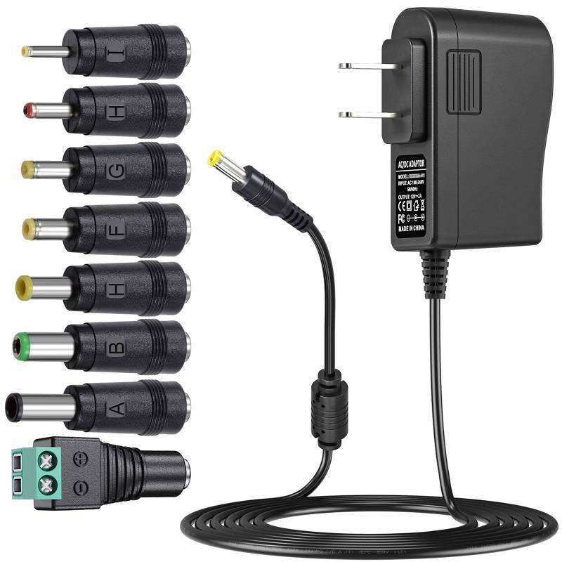 lot 43736 image: SoulBay 12V 2A Power Supply Regulated 12 Volt DC Power Adapter with 8 Tips, DC12V 0-2000mA Charger Transformer Replacement, 8.2FT Cord