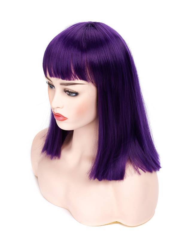 lot 43765 image: morvally Short Straight Purple Wig with Bangs Natural Looking Heat Resistant Hair Cosplay Costume Wigs (14 inches Dark Purple)