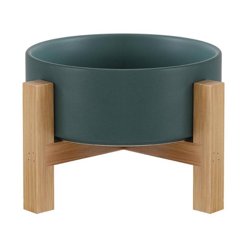 lot 43813 image: Raised Ceramic Cat Bowl - Cat Food Bowl with Bamboo Stand - Elevated Dog Food Dish for Puppies - Comfort Eating - 13.5 oz - 400 ml - Green
