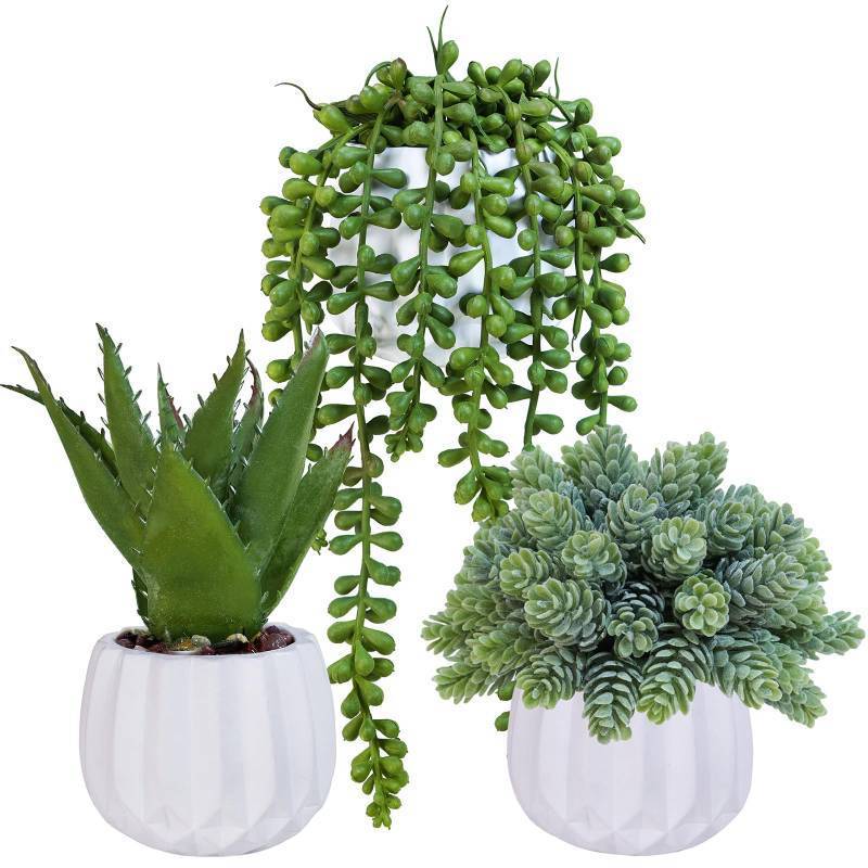 lot 43867 image: Winlyn 3 Pcs Small Artificial Succulent Plants in Pots Faux Aloe Hops String of Pearls with White Geometric Planters Pots for Desk Table Centerpiece Shelf Windowsill Office Home Indoor Outdoor Decor