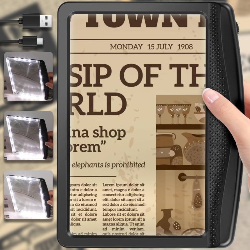 lot 43961 image: 5X Rechargeable Magnifying Glass for Reading, Large Bright LED Lighted Full Page Magnifier, Lightweight Rectangular Handheld Magnifier with Light for Reading Small Prints for Seniors, Low Vision