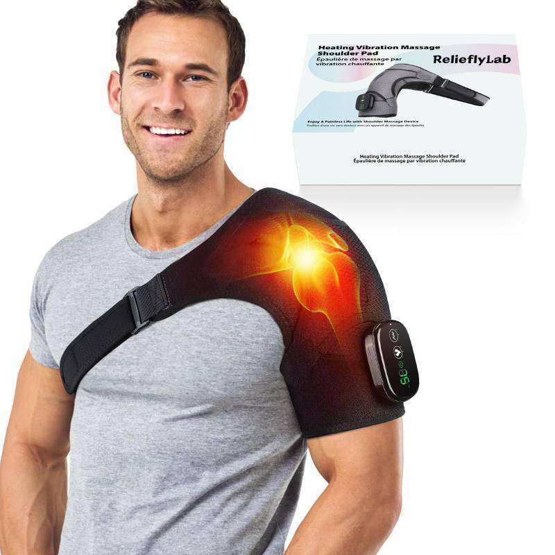 lot 44411 image: RelieflyLab 3 in 1 Shoulder Massager, Heated Strap with Vibration, Relieve Chronic Pain for Men and Women (Grey) - Retail $58