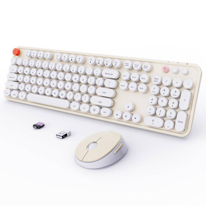 lot 44558 image: Wireless Keyboard and Mouse Combo, Ergonomic Full Size Typewriter Retro Round Keycaps Keyboard, Compatible with Windows, PC, Perfer for Home and Office Keyboards (Beige)