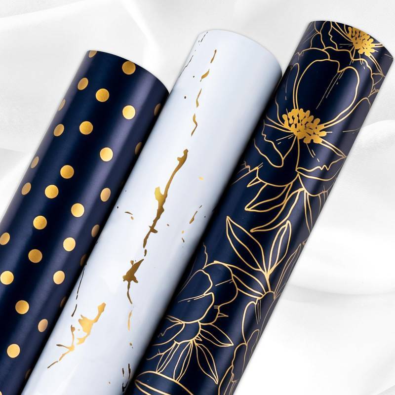 lot 53862 image: FACTORY SEALED - Yarcony Gift Wrapping Paper Roll - 17 Inch X 120 Inch Per Roll Luxury Navy Gold Flower, Polka Dot & White Gold Marble Gift Wrap Paper for Men Birthday, Fathers Day, Christmas, Holiday, Graduation