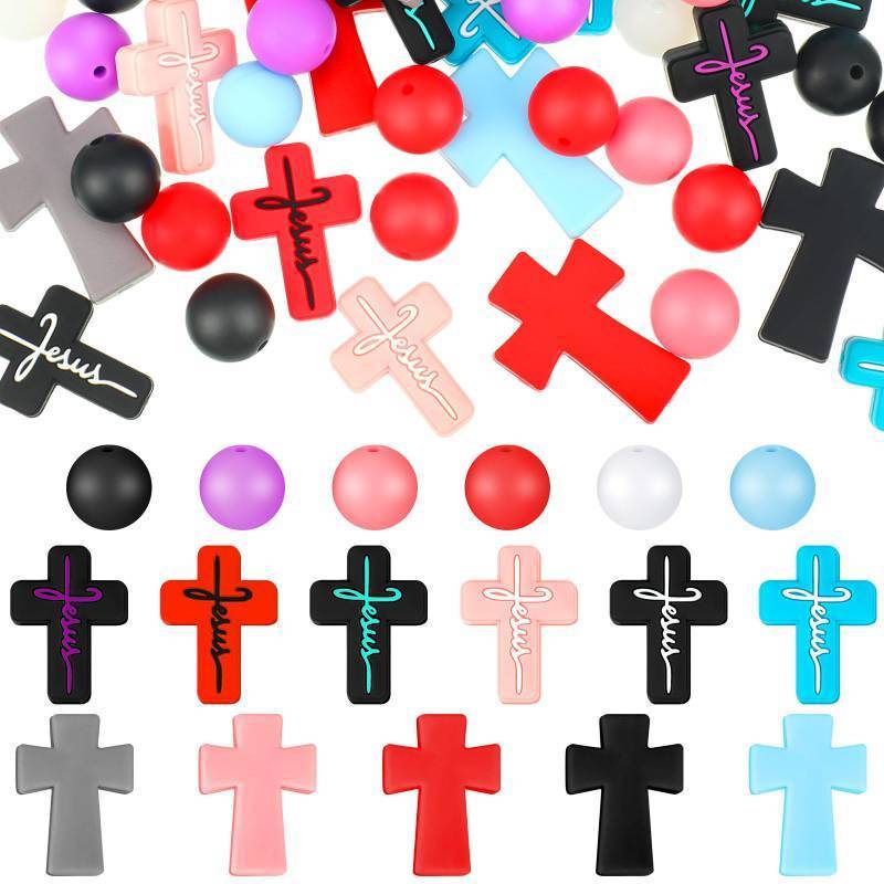lot 54257 image: FACTORY SEALED - Riceshoot 75 Pcs Silicone Cross Beads Bulk Jesus Cross Silicone Focal Beads for DIY Keychain Pen Bracelet Necklace Making Crafts Jewelry Supplies Easter Gift, Small