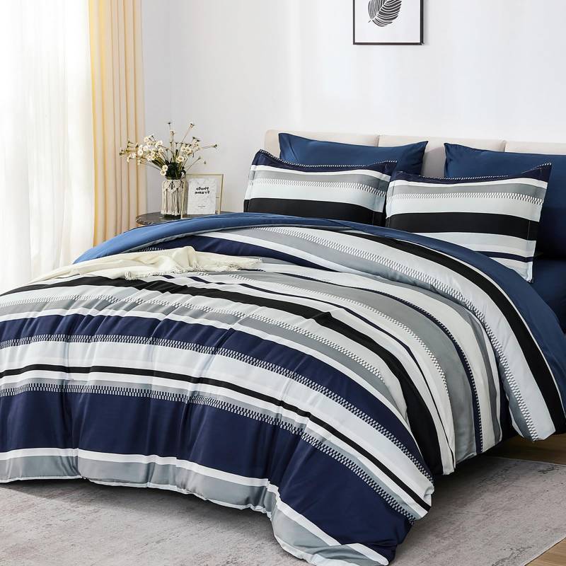 lot 54540 image: FACTORY SEALED - WONGS BEDDING Queen Comforter Set, 7 Pieces Blue Comforter Set Queen, Soft Striped Bed in a Bag Bedding Set with Comforter, Flat Sheet, Fitted Sheet, Pillow Shams, Pillowcase