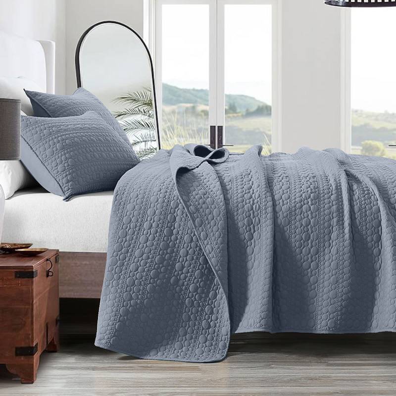 lot 54544 image: HORIMOTE HOME Quilt Set Queen Size Denim Blue, Classic Geometric Spots Stitched Pattern, Pre-Washed Microfiber Coverlet Ultra Soft Lightweight Quilted Bedspread for All Season, 3 Pieces