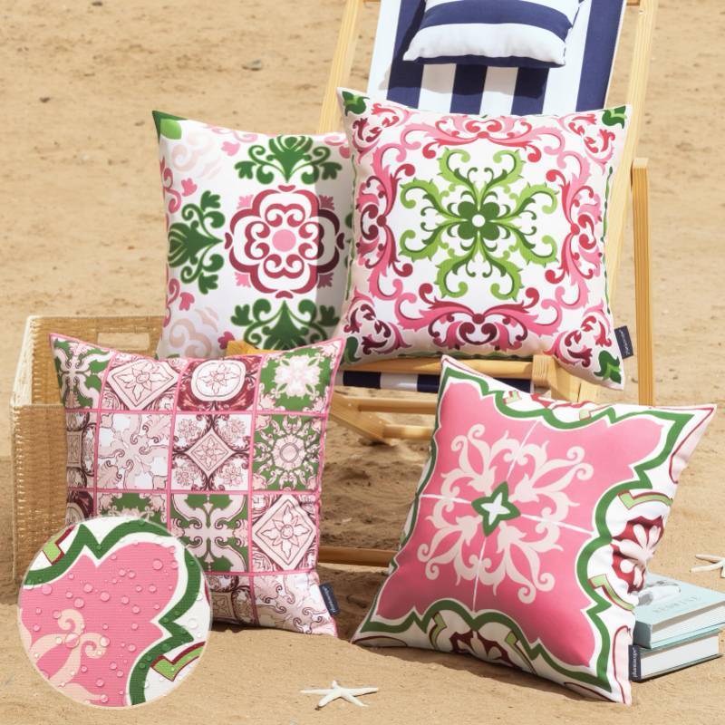 lot 54578 image: FACTORY SEALED - Phantoscope Set of 4 Outdoor Waterproof Throw Pillow Covers, Geometric, Decorative Boho Farmhouse Outdoor Pillows Cushion Case for Home Patio Furniture Tent Sunbrella, PinkGreen Fig 18x18 Inches