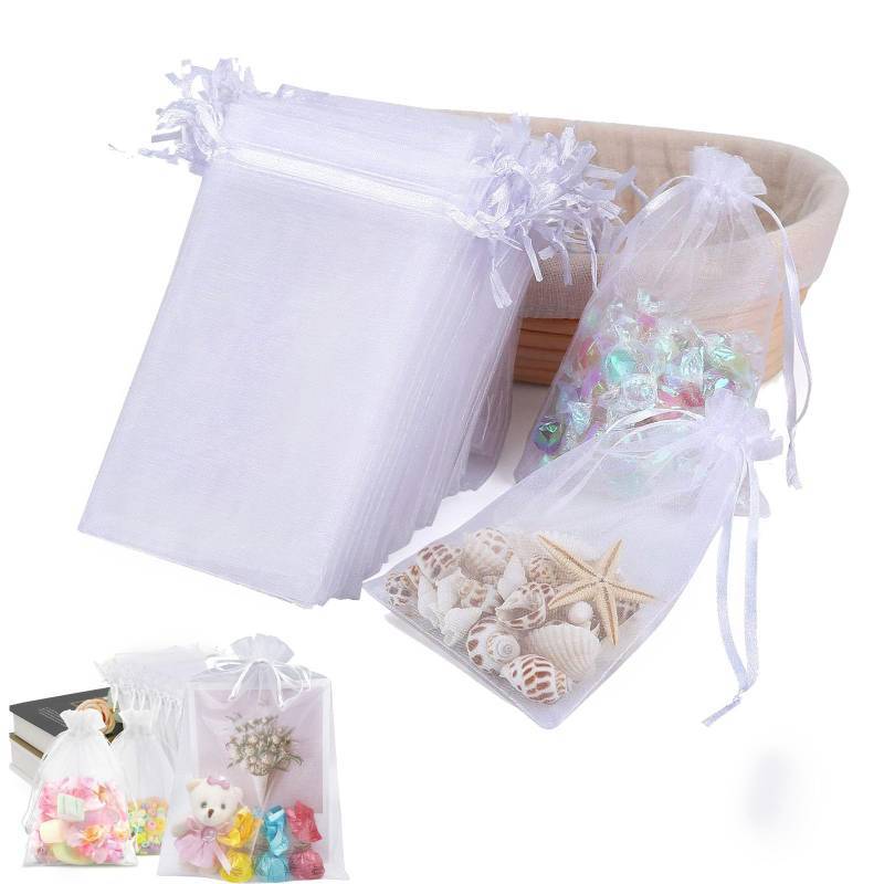 lot 54737 image: FACTORY SEALED - 50Pcs Organza Gift Bags, Mini Sheer Mesh Gift Drawstring Pouches, Multicolorl Small Jewelry Pouches Bags, for Christmas Valentine Party Wedding Birthday Baby Shower Goodie Packaging (White, 17x 23 cm 6.69 x9inch)