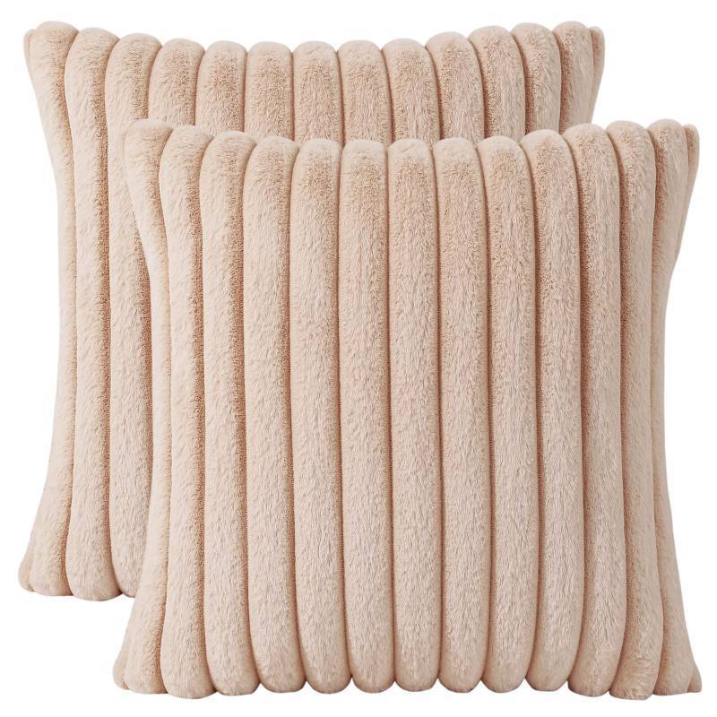 lot 55199 image: (UNUSED) AmHoo Pack of 2 Decorative Throw Pillow Covers Faux Rabbit Fur Cozy Velvet Super Soft Fuzzy Striped Set Case Cushion for Couch Sofa Bedroom 18 x 18-Inch Camel
