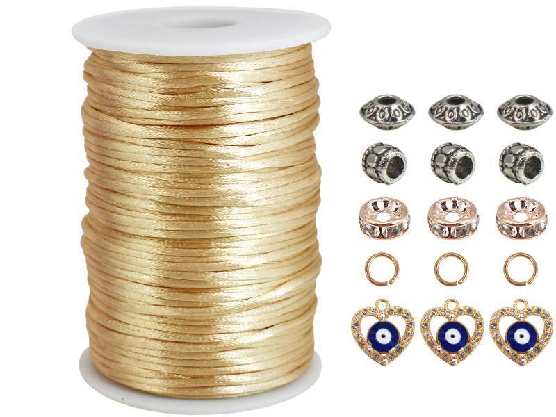 lot 56301 image: Lt Gold Satin Cord 2.5mm Nylon String 300 feet Satin Rattail Silk Cord for Jewelry Making-Braided Bracelets-Necklace-Macrame Craft-Keychains Lanyards-Drawn String Bags