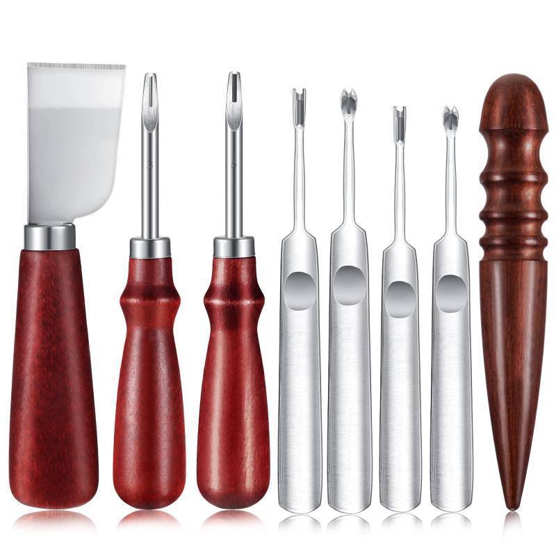 lot 58005 image: (UNUSED) 8 Pieces Leather Knife Set, Including Leather Edge Beveler Groover, Cutter Wood Leathercraft Edge Slicker Burnisher Crafting Tools Skiving Knife Leathercraft Accessories