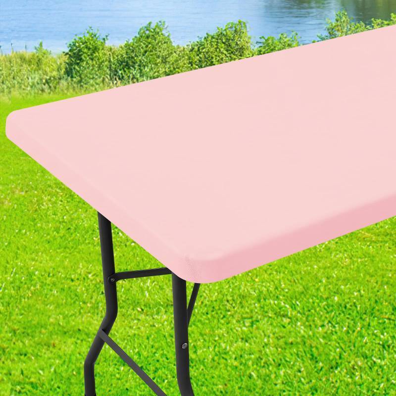 lot 58841 image: FACTORY SEALED - Moosfor Spandex 6 Foot Rectangle Table Cloth, Elastic Fitted Tablecloths for Picnic, Stretch Washable Patio Table Cover for Outdoor, Camping, Banquet and Parties (Pink, 30x72)