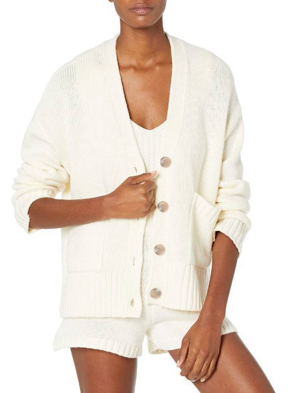 lot 59338 image: FACTORY SEALED - The Drop Womens Brigitte Chunky Button Front Pocket Ribbed Cardigan, Whisper White, XS