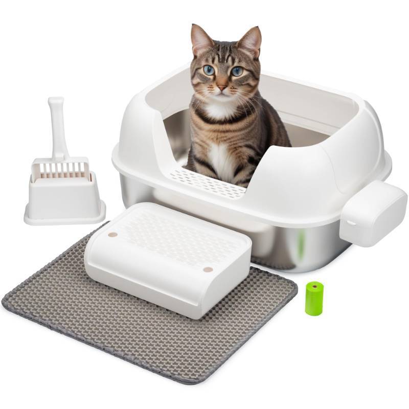 lot 60823 image: APPEARS NEW - Enclosed Stainless Steel Cat Litter Box with High Sides for Large Cats, Large Litter Box with Lid, Anti Leak, Anti Odor, Non Stick, Easy Clean (White)