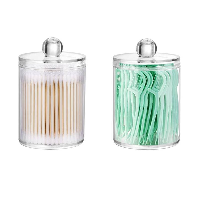lot 62812 image: FACTORY SEALED - DAPOWER 2 Pack Qtip Holder Storage Canister for Cotton Ball, Cotton Swab, Pads, Floss 10-Ounce Clear Plastic Apothecary Jar with Lid, Bathroom Makeup Organizer (2)