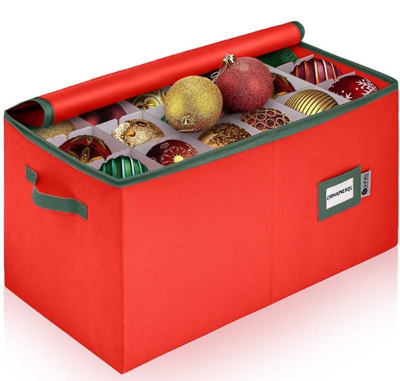 lot 63566 image: APPEARS NEW - Christmas Ornament Storage Container with Dividers - Box Stores Up to 54 Ornaments, Zippered, Convenient, Adjustable, Large Organizer Bin to Protect Holiday D�cor, Fits Most Standard Size, Red