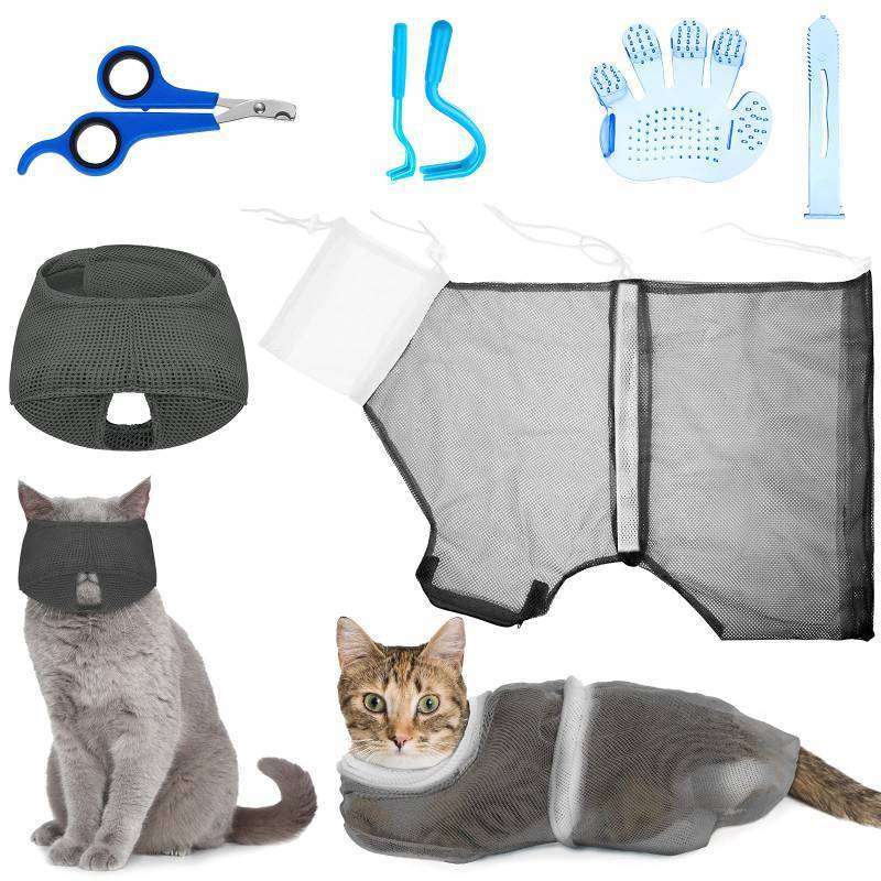 lot 64303 image: APPEARS NEW - Patelai 5 Pcs Cat Bathing Bag Set Cat Grooming Bag Adjustable Pet Shower Net Muzzles Nail Clipper Tick Remover Tool Massage Brush(Grey-White)