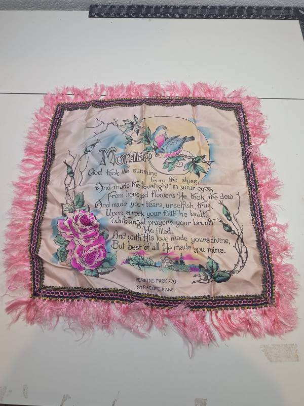 lot 84 image: 1900s Mother Poem Pillow Cover from Perkins Park Zoo