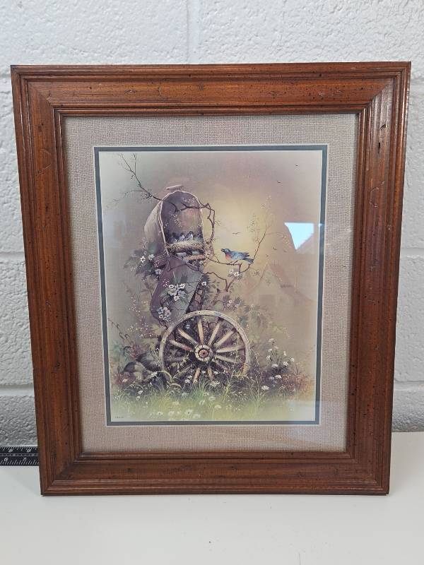 lot 103 image: Rustic Wagon Wheel Art Print in Wood Frame