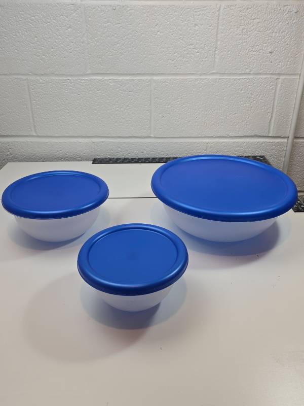 lot 37 image: Sterilite Mixing Bowl Set with Blue Lids