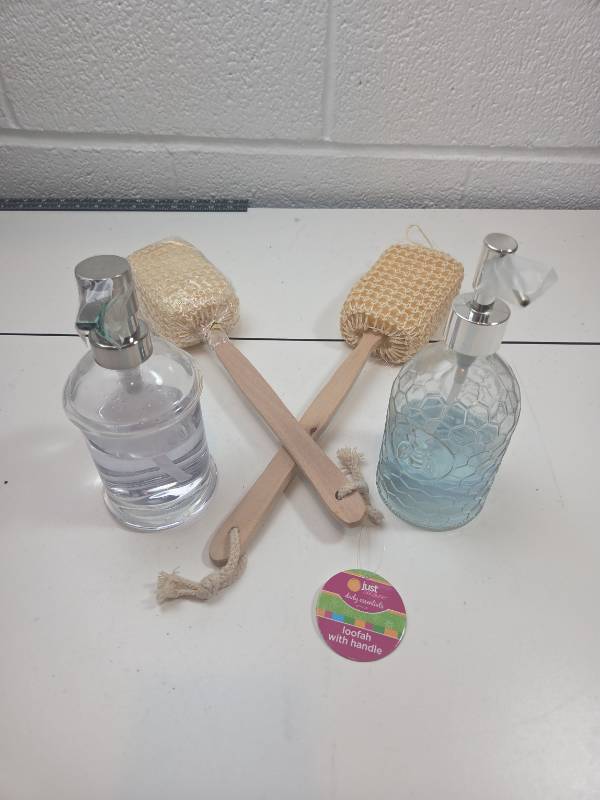 lot 159 image: Bathroom Set - Glass Soap Dispensers and Loofah Brushes