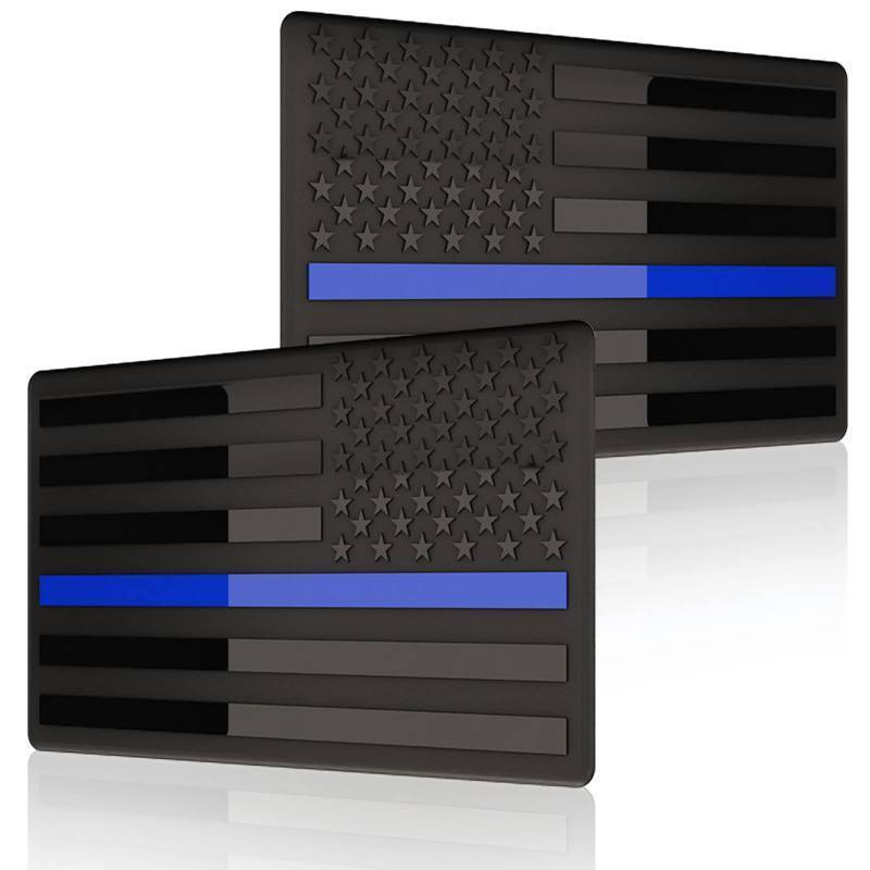 lot 34126 image: Embossed 3D Metal Thin Blue Line All Black American Flag Emblem Decal Stickers (1 Pair), Matte Black 5 x 3 Patriotic USA US Flag Decals for Car, Truck, Motorcycle Honoring Police Law Enforcement - Retail $9