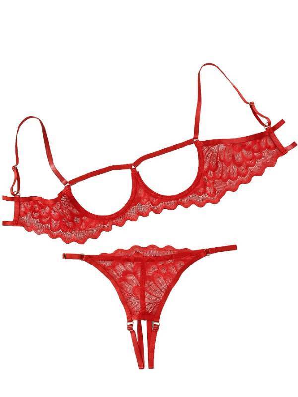 lot 53933 image: Womens Sexy Underwire Floral Lace Sheer Bachelorette Lingerie Set See Through Bra and Panty 2 Piece Red X-Large - Retail $15