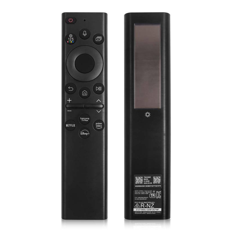 lot 53937 image: Solar Voice Remote Replacement for Samsung Frame Smart TV Remote with Bluetooth Rechargeable Solar Cell, Compatible with Samsung 2021-2022 Neo LED 4K Ultra HD TV, 4 Shortcut Buttons, Black - Retail $30